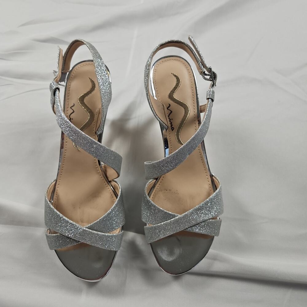 Womens 6.5 Silver Glitter Strappy High Heel Sandals Open Toe by Nina